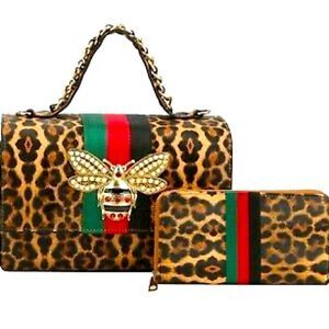 2-N-1 Leopard Print Queen Bee Stripe Boxy Satchel